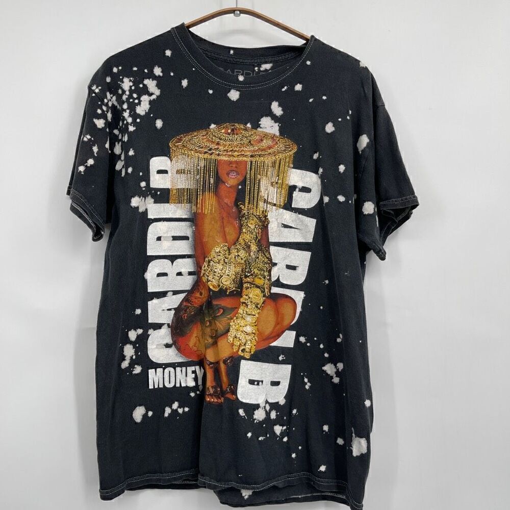 Cardi B Black Bleach Dye Graphic Print Cotton Money T-Shirt Size Small/Medium